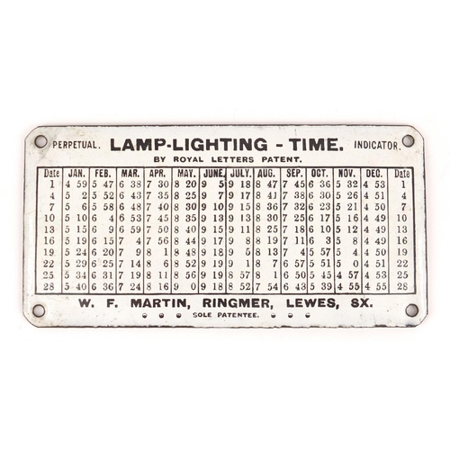 3990 - Lamp lighting time perpetual indicator enamel plaque by Royal Letters Patent, 15cm x 7.5cm