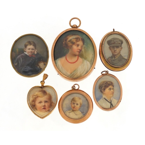 3983 - Set of six family portrait miniatures, three housed in 9ct gold pendant mounts, including one of a s... 