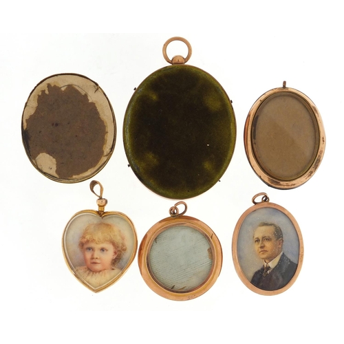 3983 - Set of six family portrait miniatures, three housed in 9ct gold pendant mounts, including one of a s... 