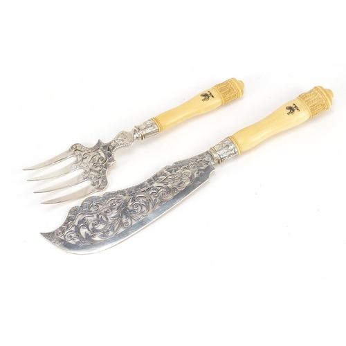 3016 - Victorian silver and ivory fish servers by George Unite, Birmingham 1884, 29cm in length, housed in ... 