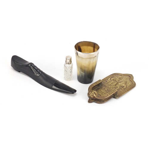 4002 - Objects including a horn beaker with silver rim, cut glass scent bottle with silver lid and a brass ... 