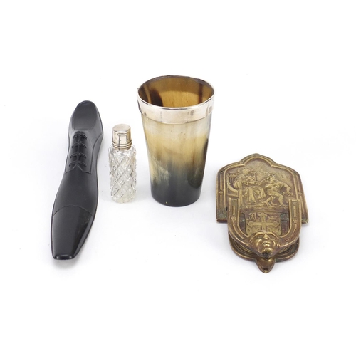 4002 - Objects including a horn beaker with silver rim, cut glass scent bottle with silver lid and a brass ... 