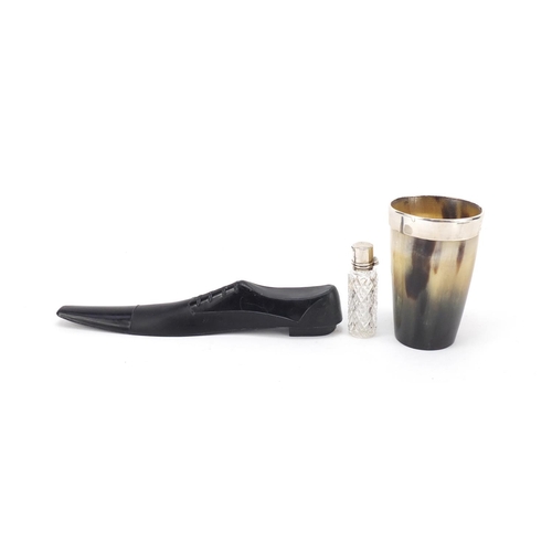 4002 - Objects including a horn beaker with silver rim, cut glass scent bottle with silver lid and a brass ... 