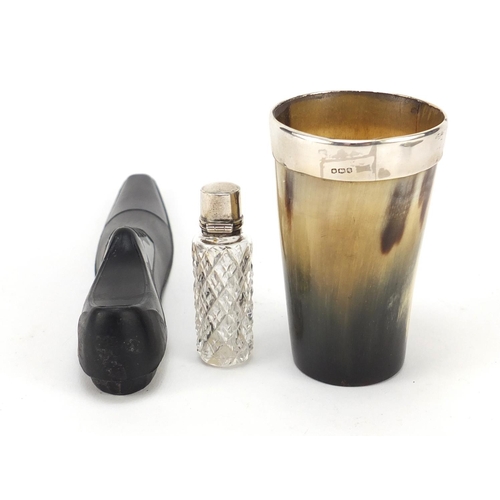 4002 - Objects including a horn beaker with silver rim, cut glass scent bottle with silver lid and a brass ... 