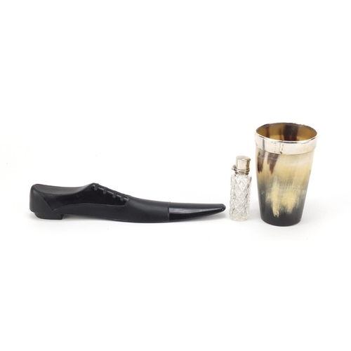 4002 - Objects including a horn beaker with silver rim, cut glass scent bottle with silver lid and a brass ... 