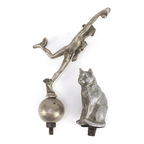 3239 - Two vintage car mascots in the form of a seated cat and  winged Mercury, the largest 22cm high