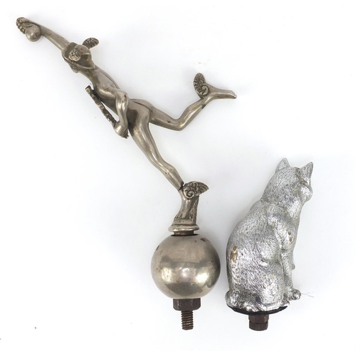 3239 - Two vintage car mascots in the form of a seated cat and  winged Mercury, the largest 22cm high