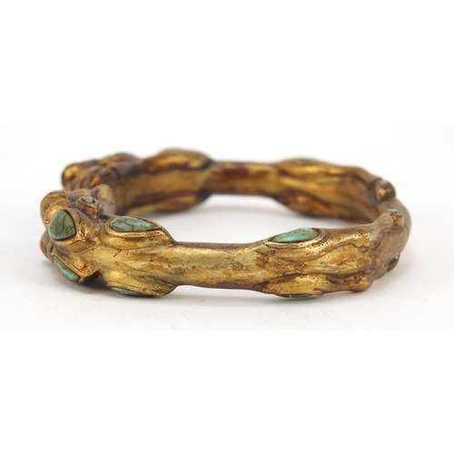 3836 - Tibetan gilt metal dragon bangle set with turquoise and coral, 8cm in diameter