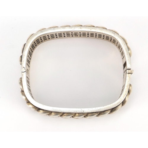 3393 - Chinese silver coloured metal rope twist design bangle, impressed character marks to the inside, 7.5... 