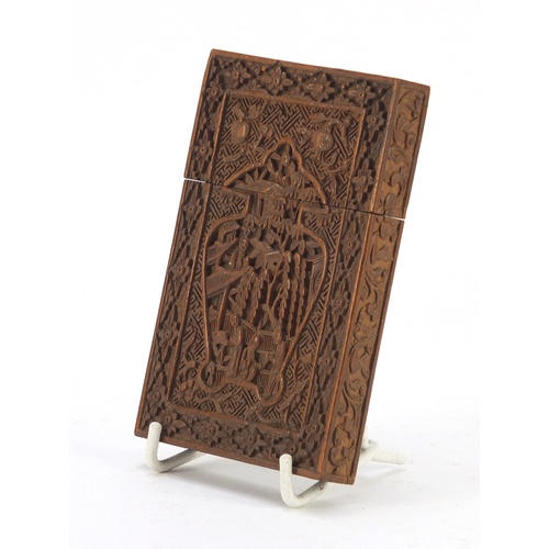 3217 - Good Chinese Canton sandalwood card case, finely carved with a vase motif enclosing figures amongst ... 