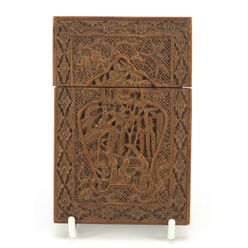 3217 - Good Chinese Canton sandalwood card case, finely carved with a vase motif enclosing figures amongst ... 