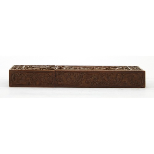 3217 - Good Chinese Canton sandalwood card case, finely carved with a vase motif enclosing figures amongst ... 