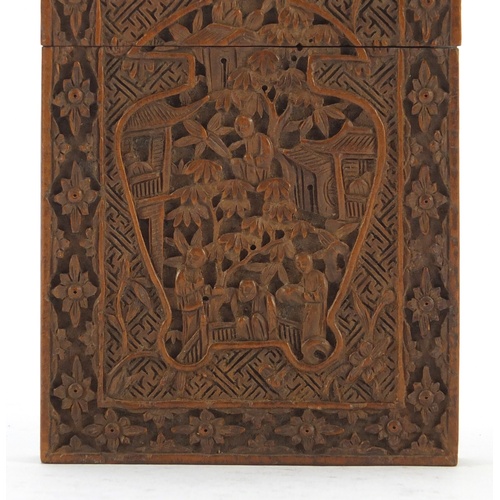 3217 - Good Chinese Canton sandalwood card case, finely carved with a vase motif enclosing figures amongst ... 