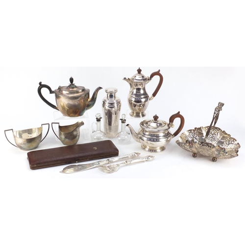 3360 - Silver and silver plate including a teapot and coffee pot retailed by Garrard & Co, cocktail shaker,... 