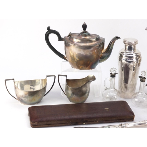 3360 - Silver and silver plate including a teapot and coffee pot retailed by Garrard & Co, cocktail shaker,... 