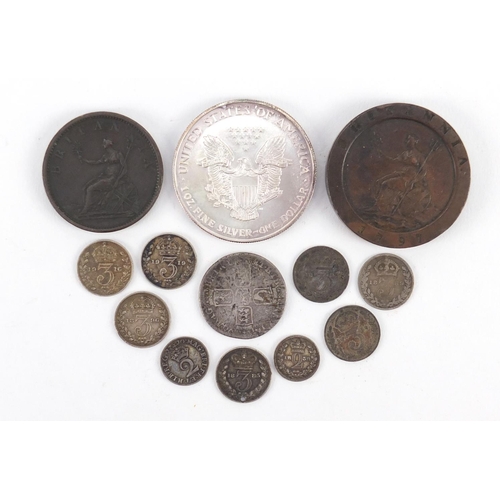 3700 - British and American coinage including 1797 Britannia cartwheel twopence, George III 1806 penny, mau... 