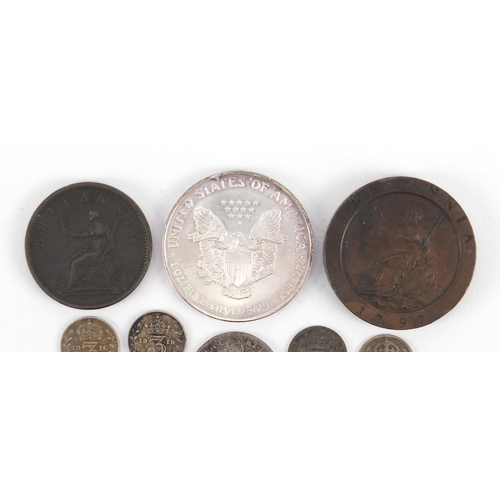 3700 - British and American coinage including 1797 Britannia cartwheel twopence, George III 1806 penny, mau... 