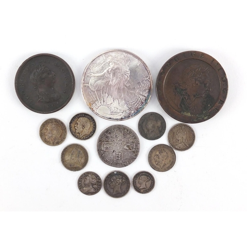 3700 - British and American coinage including 1797 Britannia cartwheel twopence, George III 1806 penny, mau... 