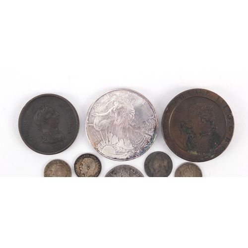 3700 - British and American coinage including 1797 Britannia cartwheel twopence, George III 1806 penny, mau... 