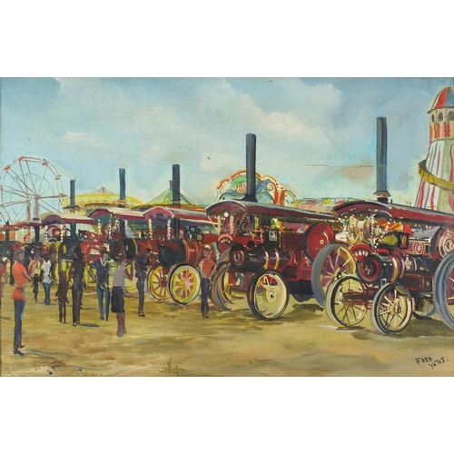 3922 - Manner of Fred Yates - Steam engines at a festival, oil on board, framed, 73.5cm x 48.5cm