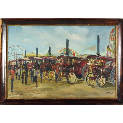 3922 - Manner of Fred Yates - Steam engines at a festival, oil on board, framed, 73.5cm x 48.5cm