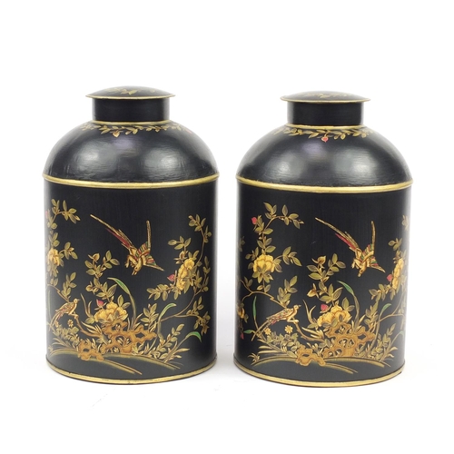 4004 - Pair of Tollware canisters decorated with birds amongst flowers, each 36.5cm  high