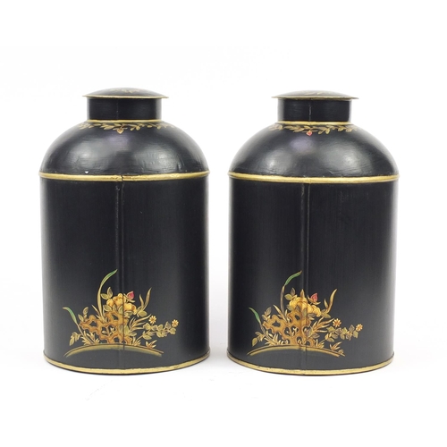 4004 - Pair of Tollware canisters decorated with birds amongst flowers, each 36.5cm  high