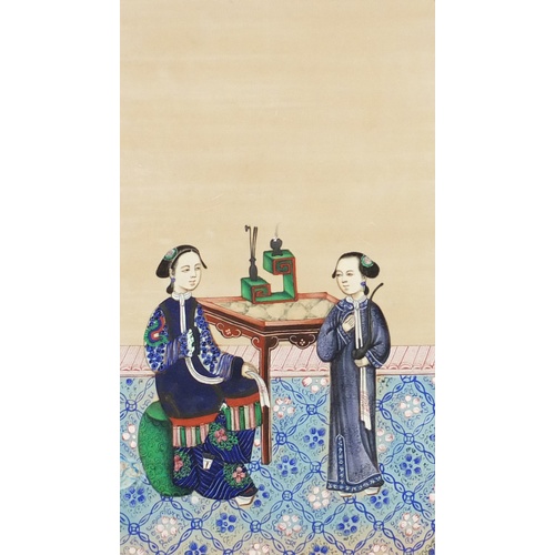 3395 - Chinese pith painting of an Empress and scholar, mounted and framed, 19.5cm x 17cm