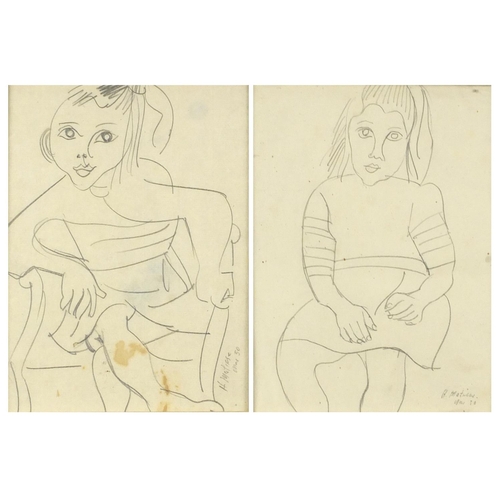 3397 - School of Henri Matisse - Portrait of a young girl and one other, two pencil drawings, framed, each ... 