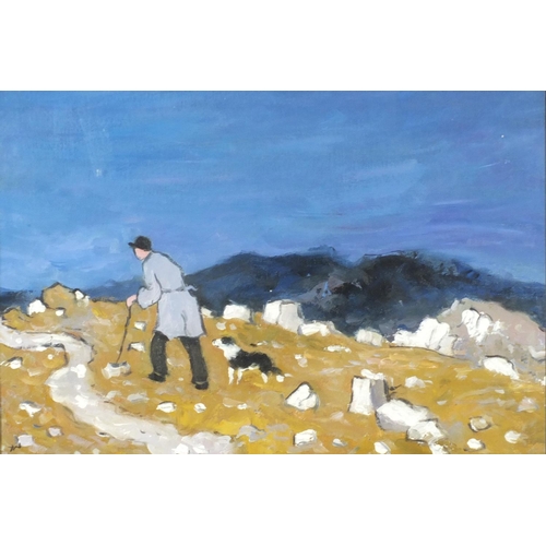 3402 - Manner of KW - Elderly man walking his dog, Welsh school oil, mounted and framed, 55cm x 38cm