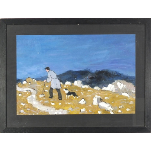 3402 - Manner of KW - Elderly man walking his dog, Welsh school oil, mounted and framed, 55cm x 38cm