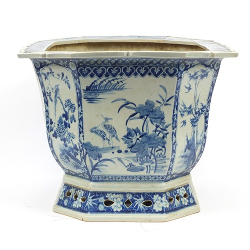 3785 - Chinese blue and white porcelain planter, hand painted with birds of paradise amongst flowers, 32cm ... 