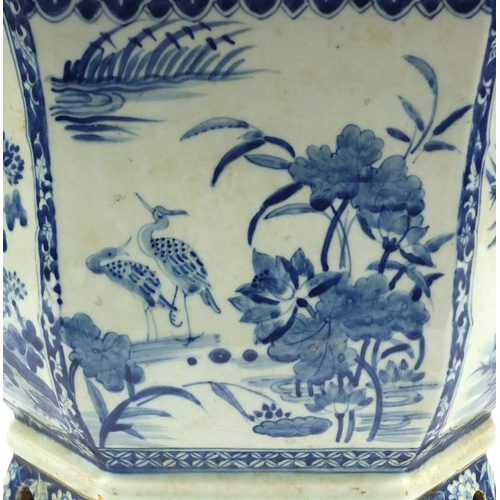 3785 - Chinese blue and white porcelain planter, hand painted with birds of paradise amongst flowers, 32cm ... 