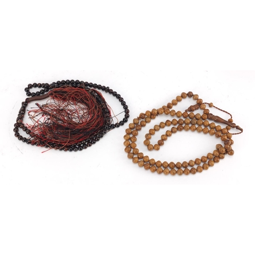 3139 - Islamic tortoiseshell and ivory box housing two prayer bead necklaces, the box 20cm wide