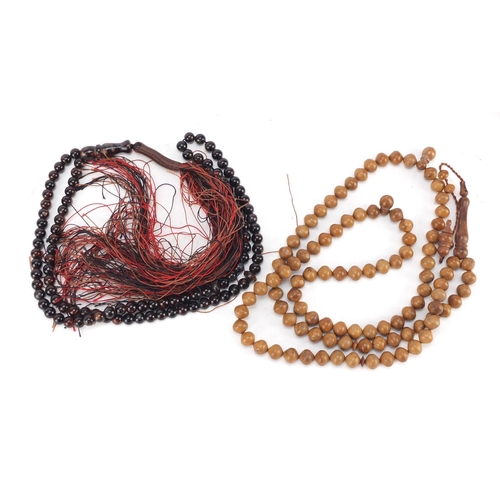 3139 - Islamic tortoiseshell and ivory box housing two prayer bead necklaces, the box 20cm wide