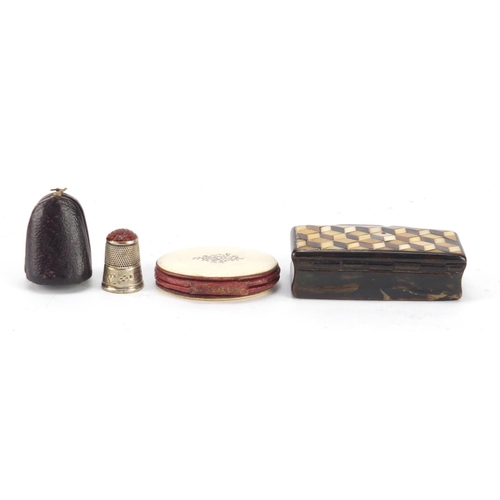 3181 - Objects including a rectangular horn snuff box with inlaid chequered design lid, Mother of Pearl fla... 