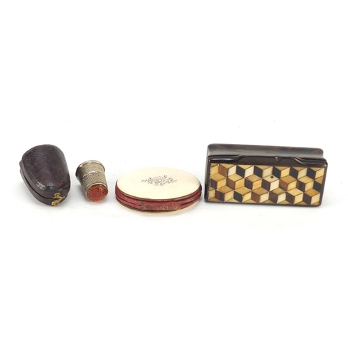 3181 - Objects including a rectangular horn snuff box with inlaid chequered design lid, Mother of Pearl fla... 