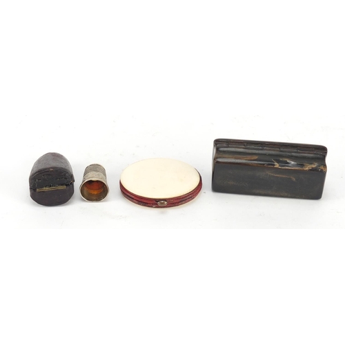 3181 - Objects including a rectangular horn snuff box with inlaid chequered design lid, Mother of Pearl fla... 