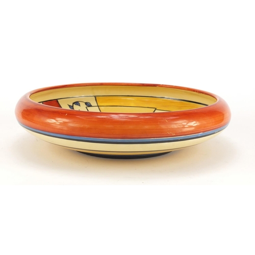 3252 - Art Deco Clarice Cliff bizarre pottery shallow bowl hand painted with geometric leaf pattern, factor... 