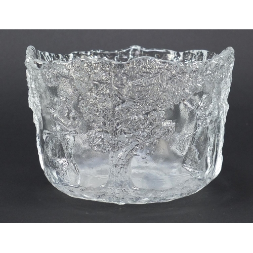 3489 - Kosta Boda glass bowl decorated in relief with dancing figures amongst trees, the base etched Kungsä... 