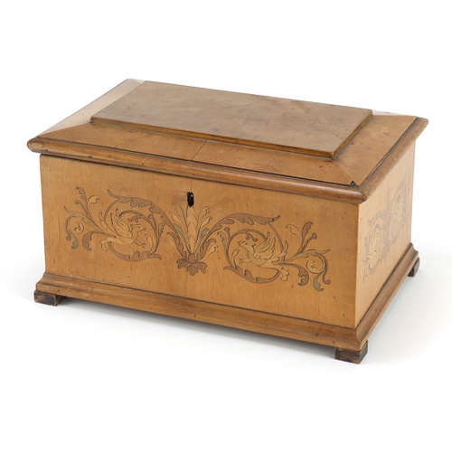 3443 - Italian Sorrento ware table casket inlaid with mythical birds amongst foliage, 15cm H x 27cm W x 17.... 