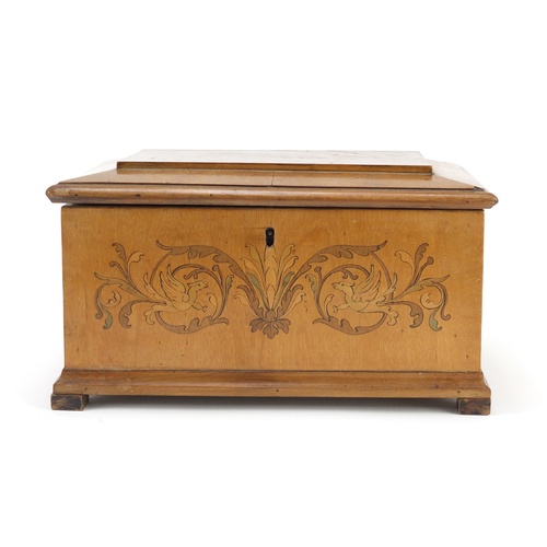 3443 - Italian Sorrento ware table casket inlaid with mythical birds amongst foliage, 15cm H x 27cm W x 17.... 