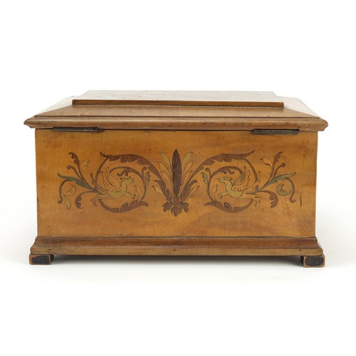 3443 - Italian Sorrento ware table casket inlaid with mythical birds amongst foliage, 15cm H x 27cm W x 17.... 