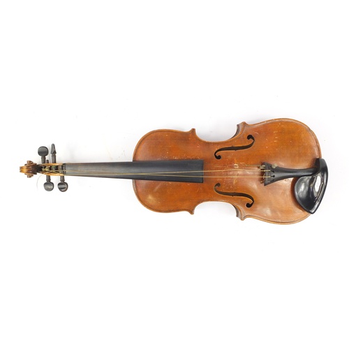 3464 - Old wooden violin with two bows having mother of pearl frogs and a George Withers & sons case, the v... 