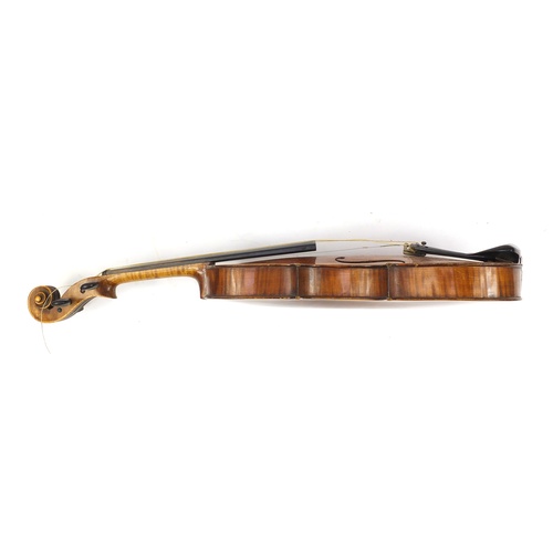 3464 - Old wooden violin with two bows having mother of pearl frogs and a George Withers & sons case, the v... 