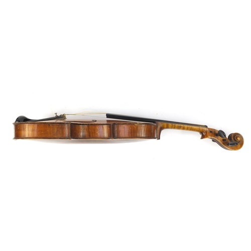 3464 - Old wooden violin with two bows having mother of pearl frogs and a George Withers & sons case, the v... 