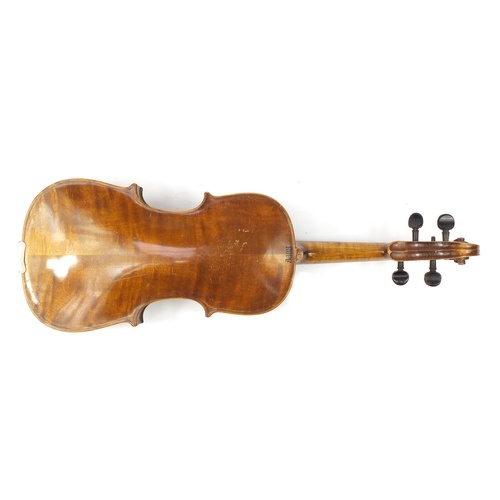 3464 - Old wooden violin with two bows having mother of pearl frogs and a George Withers & sons case, the v... 