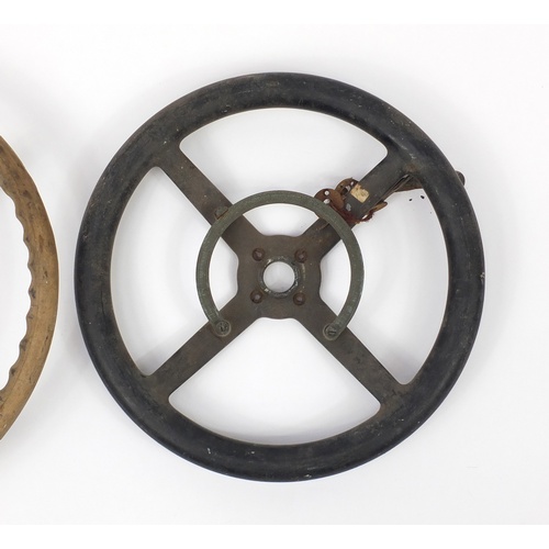 3244 - Two vintage car steering wheels, the larger 46cm diameter