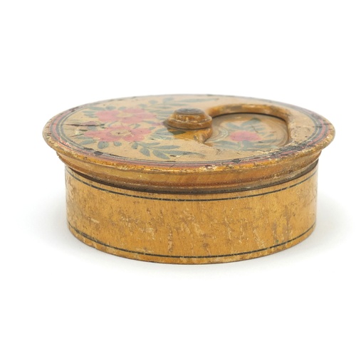 3991 - Antique Tunbridge Ware style container hand painted with flowers, 8cm in diameter