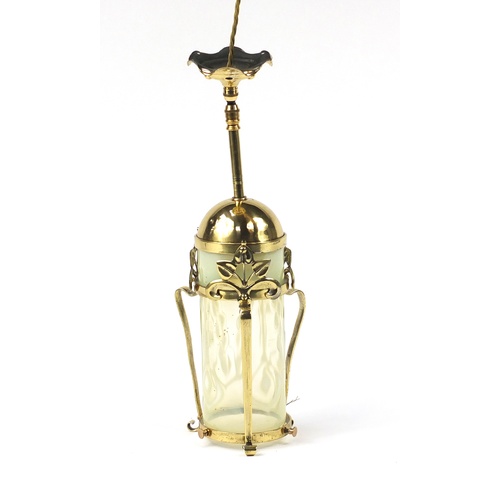 3065 - Arts & Crafts brass light pendant with Powell Vaseline glass shade, 41cm high